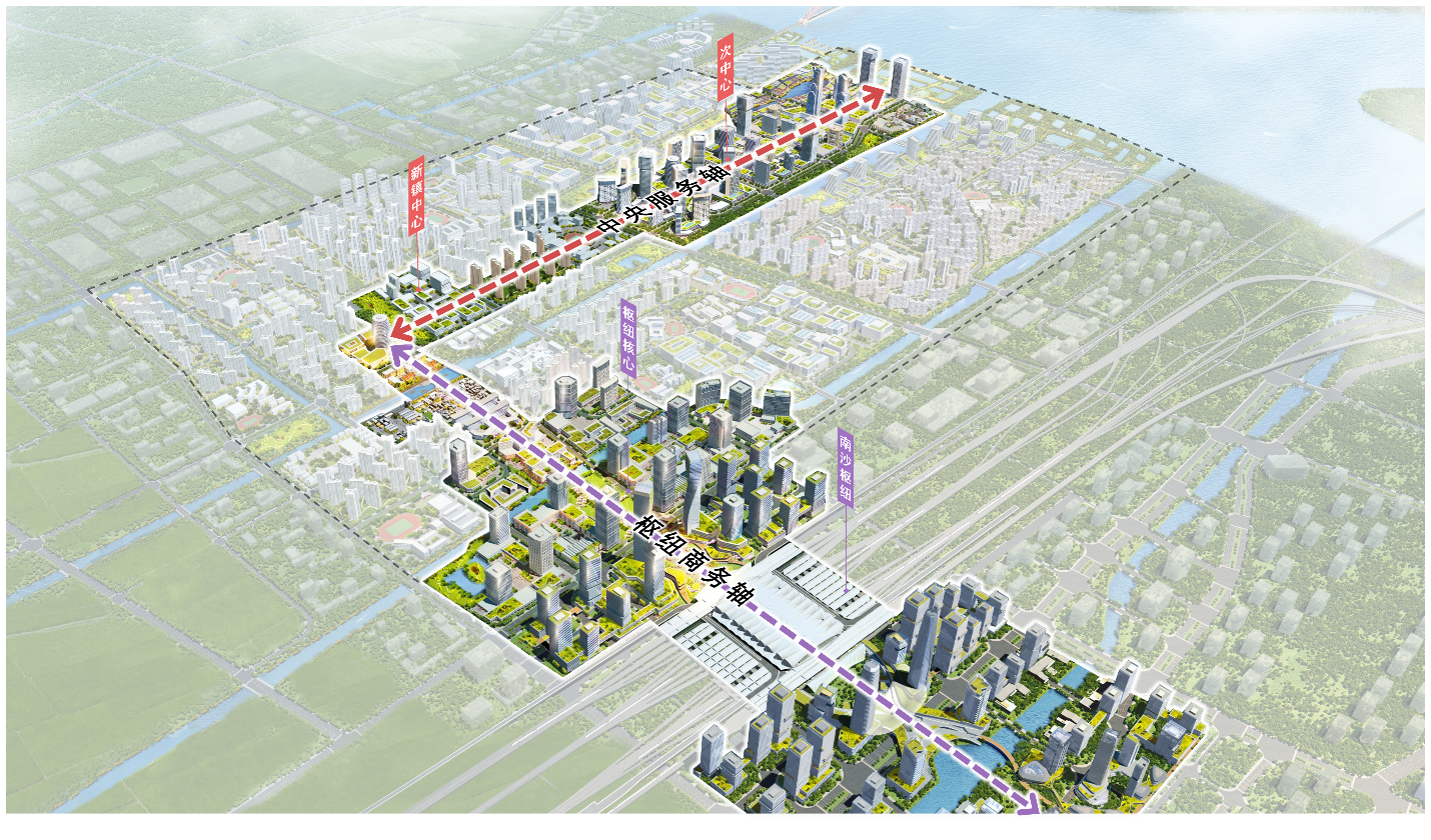 Urban Design Overview Highlighting Two Intersecting Axes